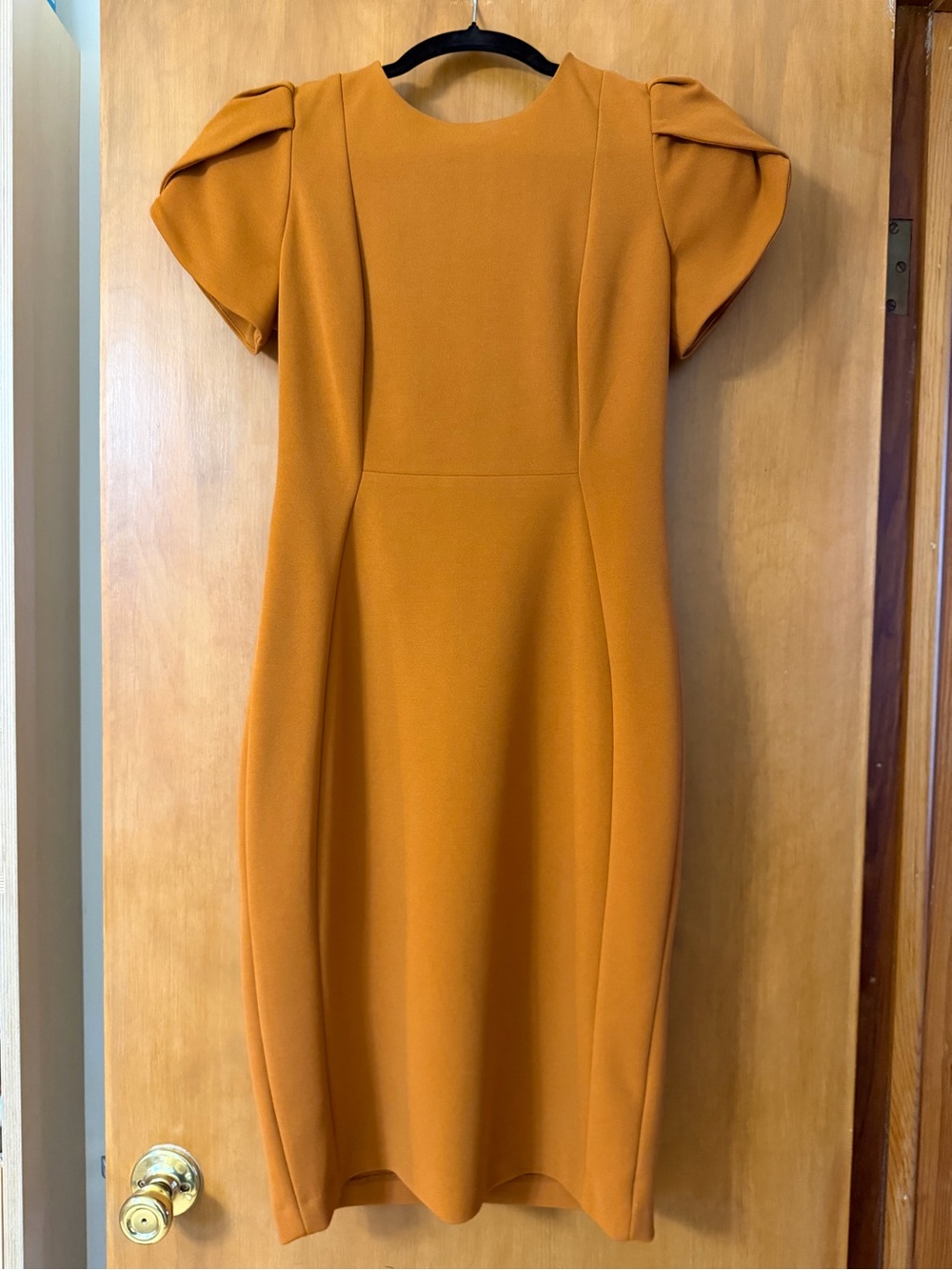 Calvin Klein Puff-Sleeve Sheath Midi Dress in Mustard